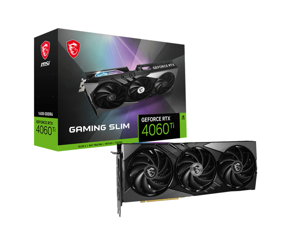 

Видеокарта MSI NVIDIA GeForce RTX 4060Ti GAMING, 16Gb GDDR6, 128 бит, PCI-E, HDMI, 3DP, Retail (RTX 4060 TI GAMING SLIM 16G), GAMING