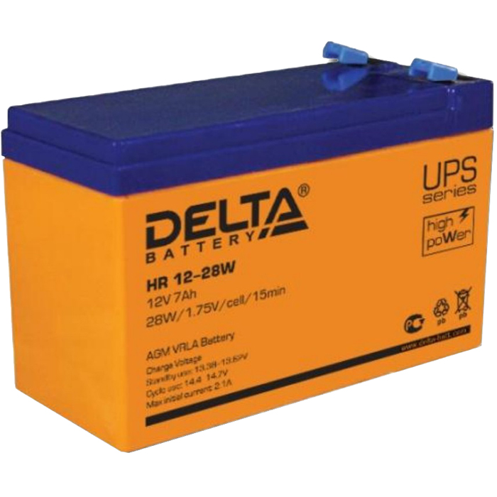 Аккумуляторная батарея для ИБП Delta HR-W HR12-28W, 12V, 7Ah б/у, после ремонта (восстановление емкости АКБ после глубокого разряда), следы эксплуатации, потертости/царапинки на корпусе, цвет оранжевый