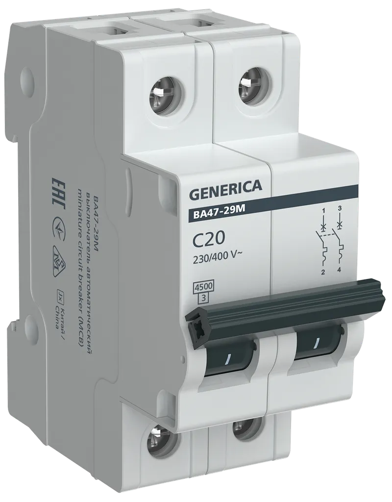 

Выключатель автоматический GENERICA ВА47-29М двухполюсный (2P/2П) 20А C 4.5кА (MVA21-2-020-C-G), ВА47-29М
