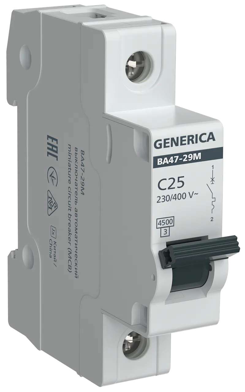 

Выключатель автоматический GENERICA ВА47-29М однополюсный (1P/1П) 25А C 4.5кА (MVA21-1-025-C-G), ВА47-29М