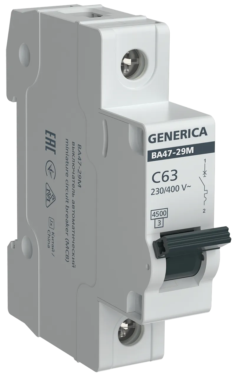 

Выключатель автоматический GENERICA ВА47-29М однополюсный (1P/1П) 63А C 4.5кА (MVA21-1-063-C-G), ВА47-29М
