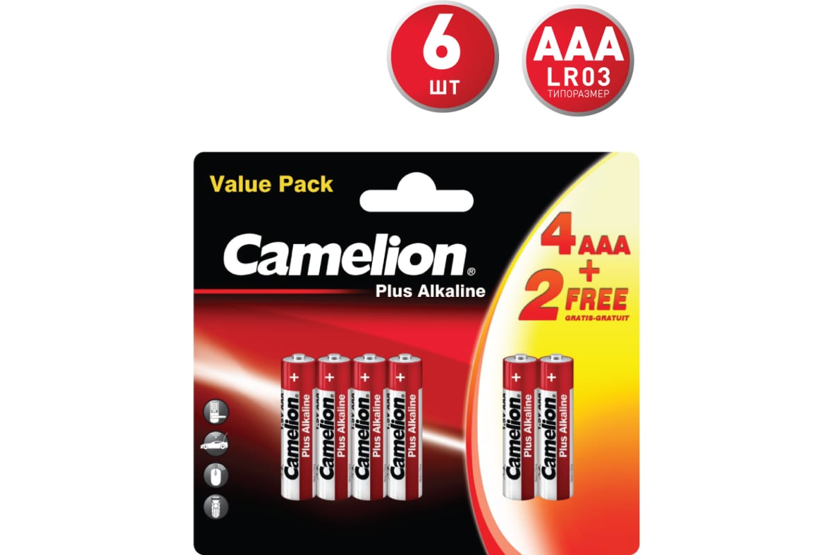 

Батарея Camelion Plus Alkaline, AAA (LR03), 1.5V, 6 шт.