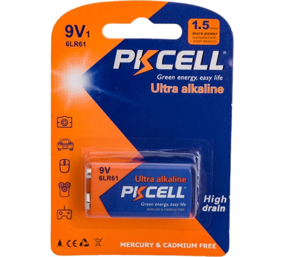

Батарея PKCELL 6LR6 (6LR61/ 1604), 9V, 1 шт. (6LR61-1B)