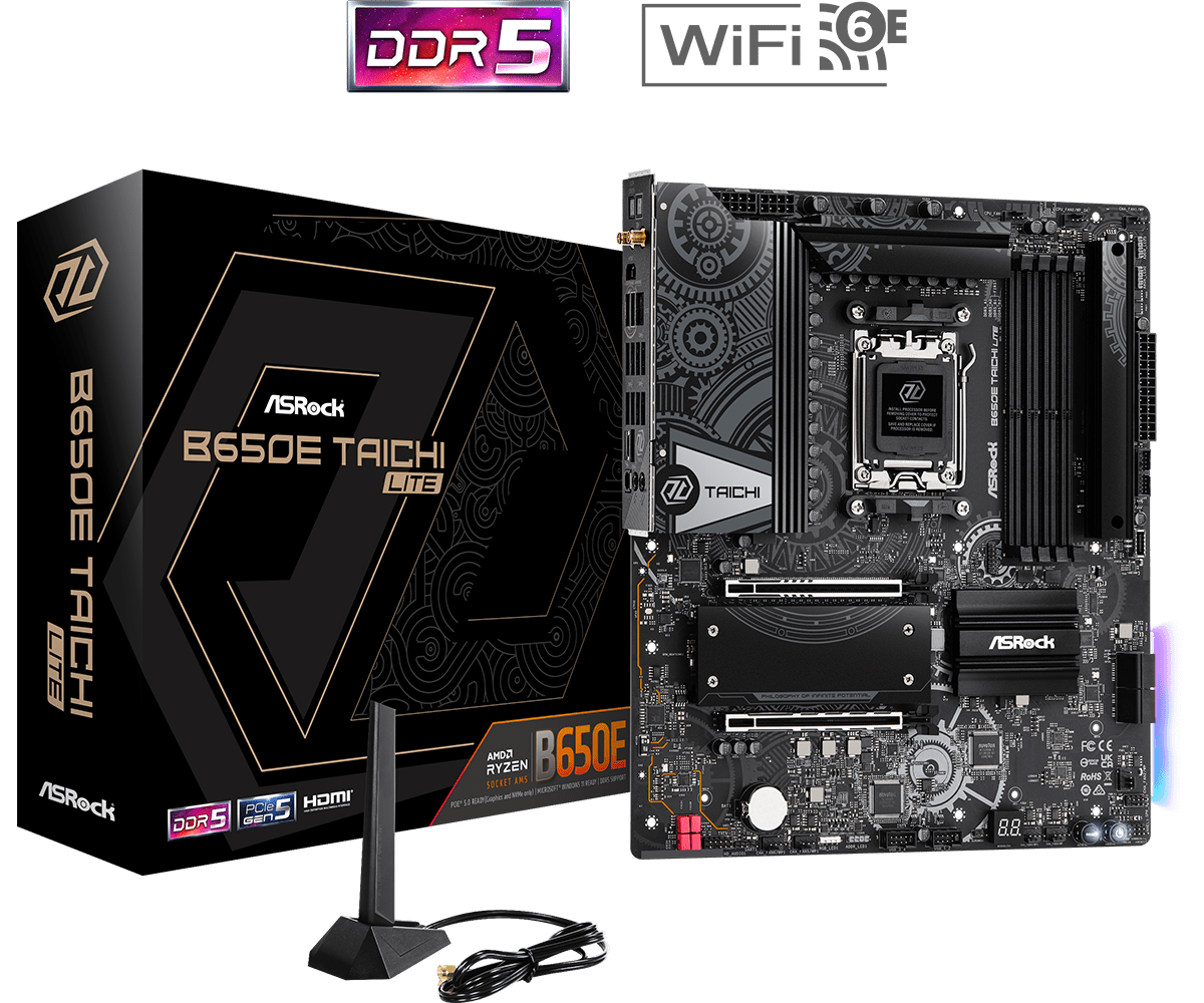 

Материнская плата ASRock B650E TAICHI LITE, AM5, AMD B650, 4xDDR5 DIMM, 2PCI-Ex16, 4SATA3, 5.1-ch, 2.5GLAN, 13 USB 3.2, 2 USB Type-C, HDMI, EATX, Retail, B650E TAICHI LITE