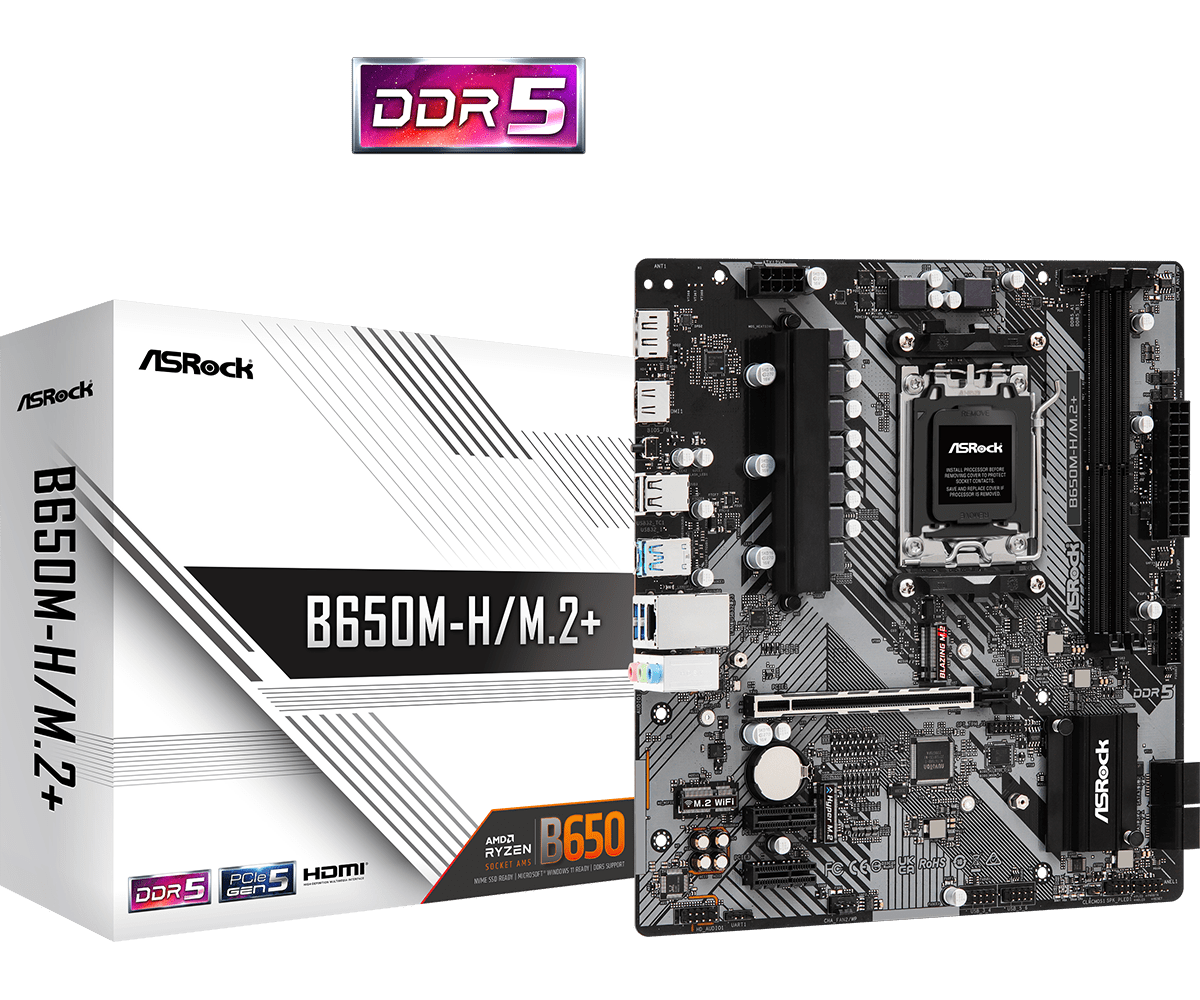 

Материнская плата ASRock B650M-H/M.2+, AM5, AMD B650, 2xDDR5 DIMM, 2PCI-Ex16, 4SATA3, 7.1-ch, GLAN, 5 USB 3.2, 1 USB Type-C, HDMI, DP, mATX, Retail, B650M-H/M.2+