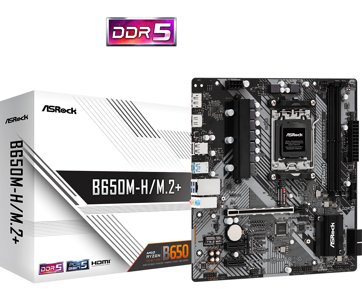 Материнская плата ASRock B650M-H/M.2+, AM5, AMD B650, 2xDDR5 DIMM, 2PCI-Ex16, 4SATA3, 7.1-ch, GLAN, 5 USB 3.2, 1 USB Type-C, HDMI, DP, mATX, Retail