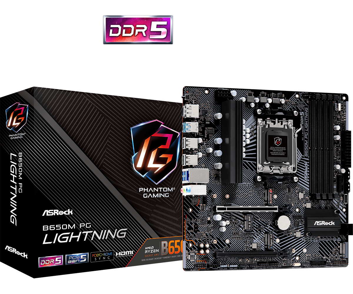 

Материнская плата ASRock B650M PG LIGHTNING, AM5, AMD B650, 4xDDR5 DIMM, 2PCI-Ex16, 4SATA3, 7.1-ch, 2.5GLAN, 7 USB 3.2, 2 USB Type-C, HDMI, DP, mATX, Retail, B650M PG LIGHTNING