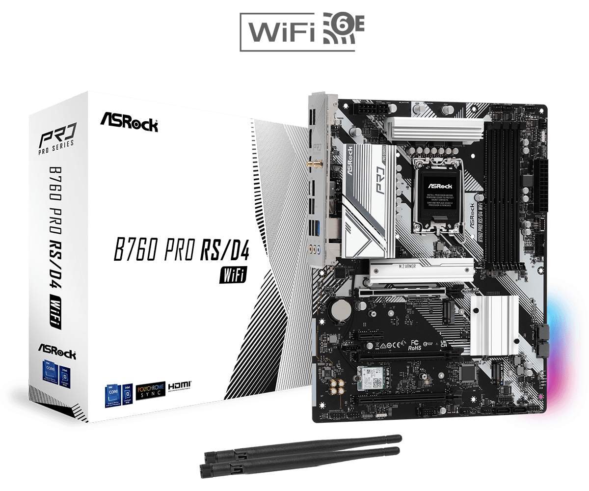 

Материнская плата ASRock B760 PRO RS/D4 WIFI, Socket1700, Intel B760, 4xDDR4, 3PCI-Ex16, 4SATA3, 7.1-ch, 2.5GLAN, 7 USB 3.2, 1 USB Type-C, HDMI, DP, ATX, Retail, B760 PRO RS/D4 WIFI