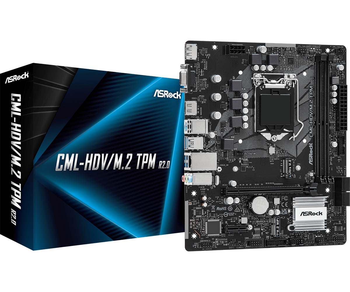 

Материнская плата ASRock CML-HDV/M.2 TPM R2.0, Socket1200, Intel H370, 2xDDR4, PCI-Ex16, 4SATA3, 7.1-ch, GLAN, 8 USB 3.2, VGA, HDMI, DP, mATX, Retail, CML-HDV/M.2 TPM R2.0