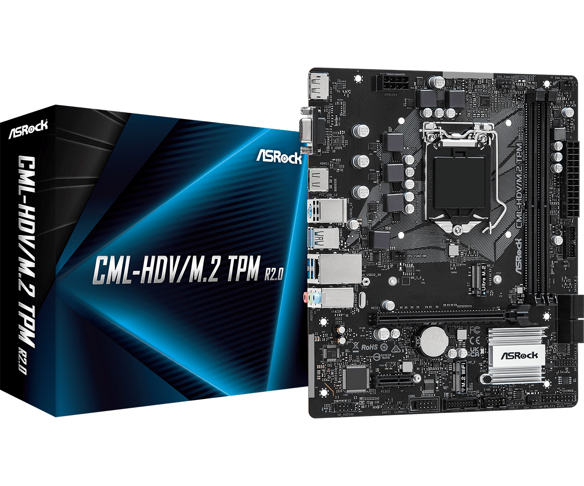 Материнская плата ASRock CML-HDV/M.2 TPM R2.0, Socket1200, Intel H370, 2xDDR4, PCI-Ex16, 4SATA3, 7.1-ch, GLAN, 8 USB 3.2, VGA, DVI, HDMI, mATX, Retail