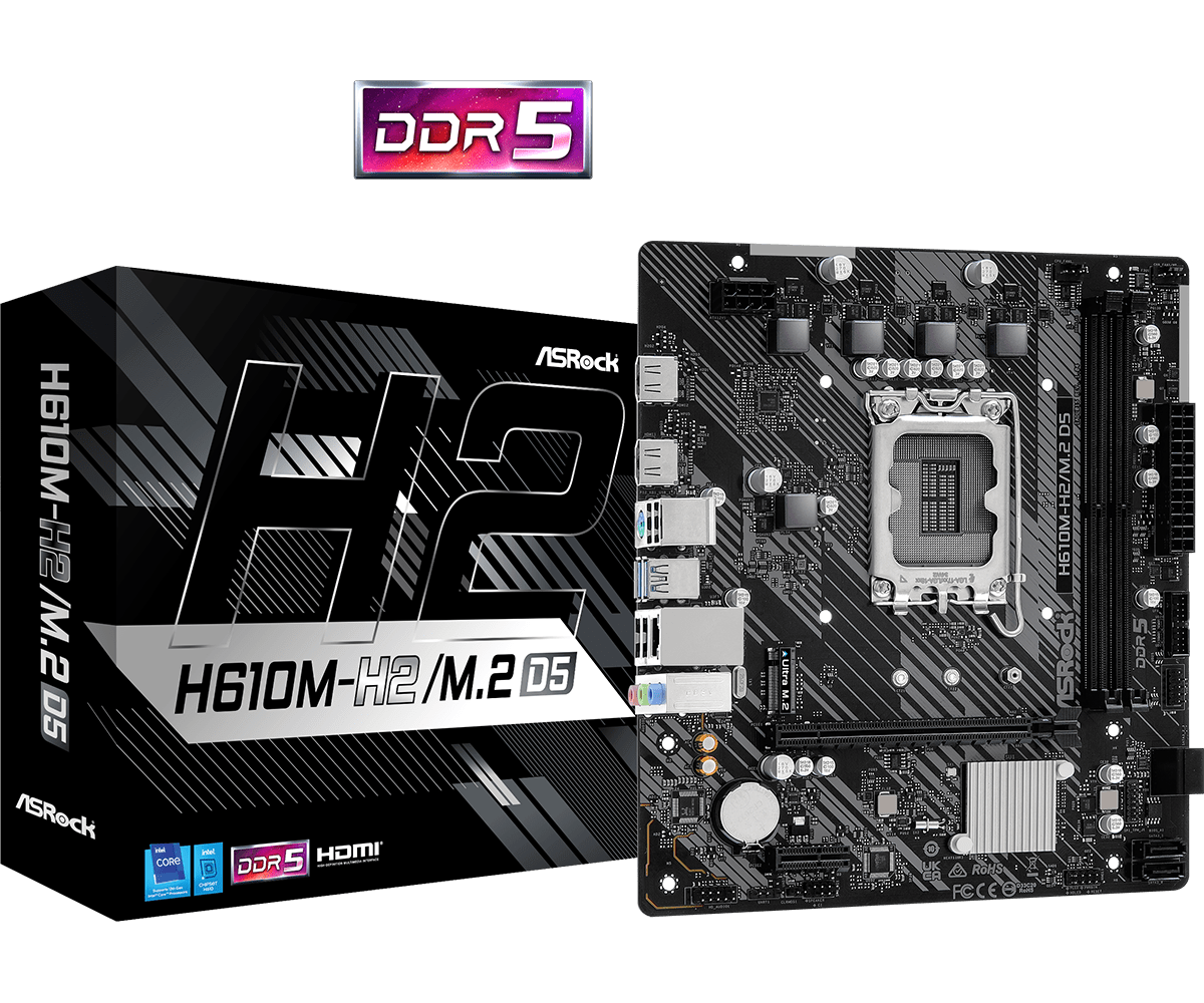 

Материнская плата ASRock H610M-H2/M.2 D5, Socket1700, Intel H610, 2xDDR5 DIMM, PCI-Ex16, 4SATA3, 7.1-ch, GLAN, 4 USB 3.2, HDMI, mATX, Retail, H610M-H2/M.2 D5