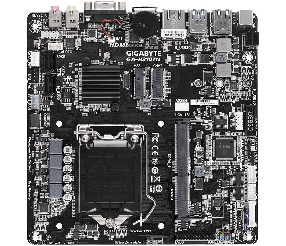 Материнская плата GIGABYTE GA-H310TN, Socket1151, Intel H310, 1xDDR4 SODIMM, 2SATA3, 7.1-ch, GLAN, 4USB 3.0, VGA, HDMI, mini-ITX, Retail б/у, после ремонта, следы эксплуатации, без комплекта