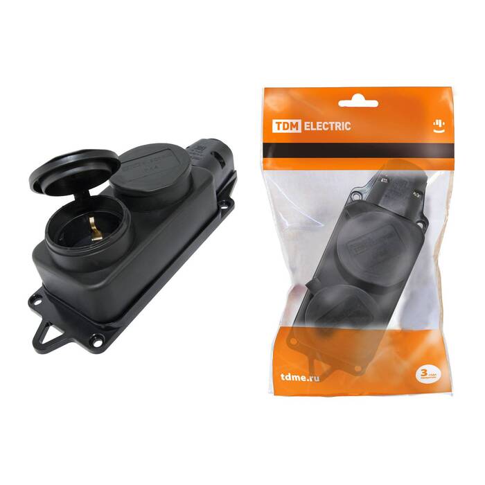 

Розетка TDM SQ0612-0010, открытый монтаж, 2-х постовая, с крышкой, 16А, в сборе, IP44, черный (SQ0612-0010), SQ0612-0010