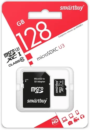 Карта памяти 128Gb microSD SmartBuy Class 10 UHS-I U3 + адаптер (SB128GBSDU3-01)