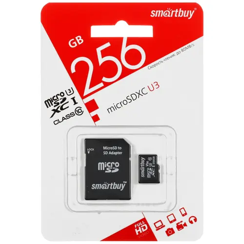 Карта памяти 256Gb microSDXC SmartBuy Class 10 UHS-I U3 + адаптер (SB256GBSDU3-01)