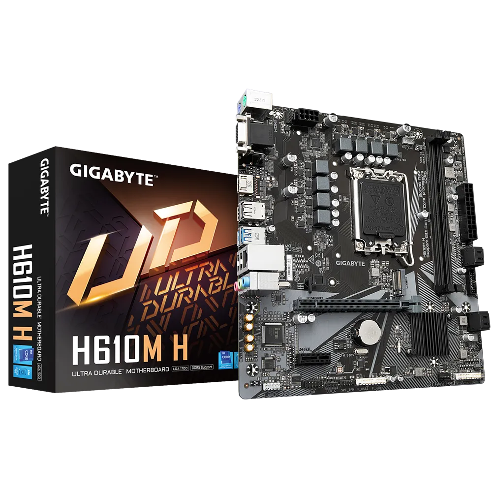 

Материнская плата GIGABYTE H610M H, Socket1700, Intel H610, 2xDDR5 DIMM, PCI-Ex16, 4SATA3, 7.1-ch, GLAN, 4 USB 3.2, VGA, HDMI, mATX, Retail, H610M H