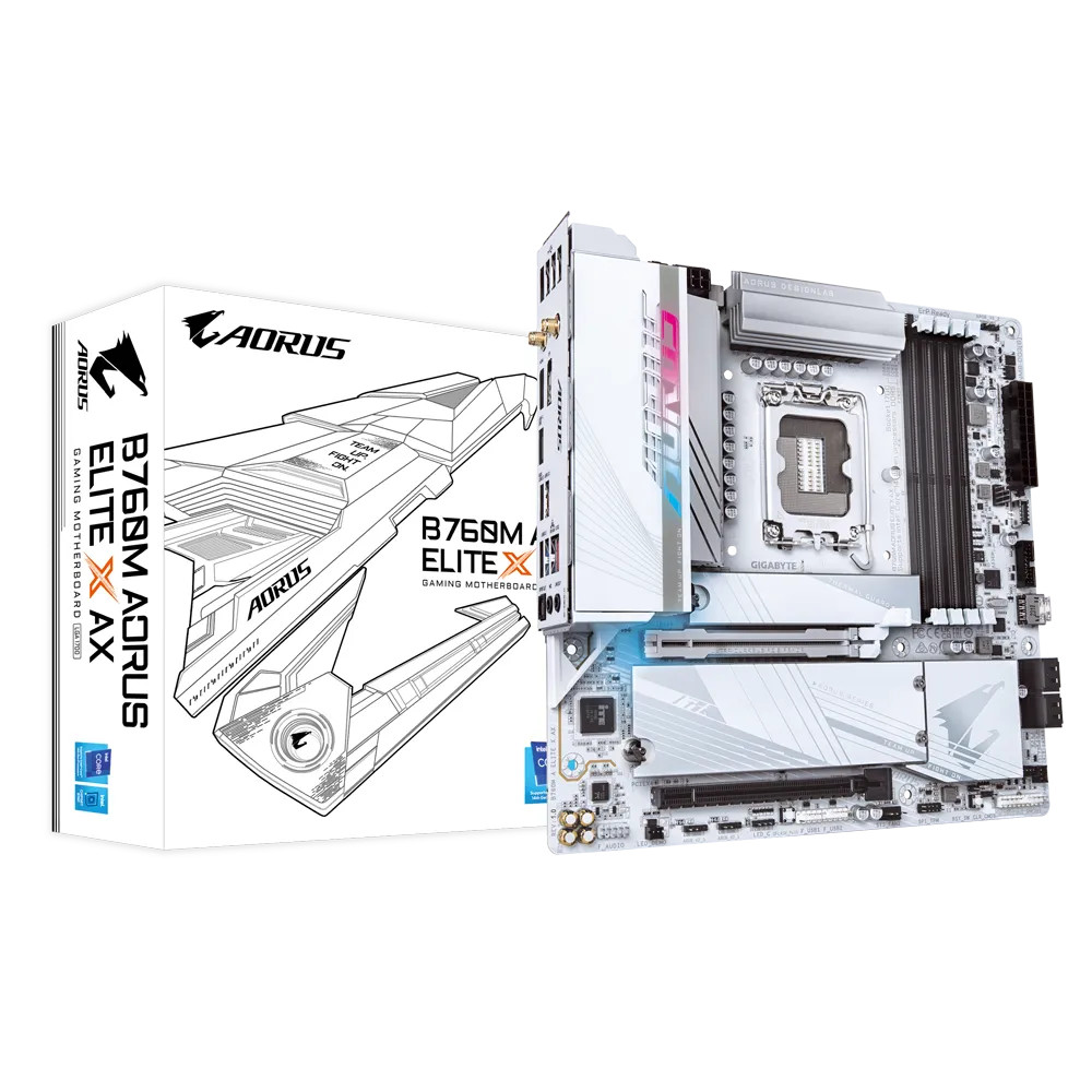 

Материнская плата GIGABYTE B760M AORUS ELITE X AX, Socket1700, Intel B760, 4xDDR5 DIMM, 2PCI-Ex16, 4SATA3, 7.1-ch, 2.5GLAN, 6 USB 3.2, 2 USB Type-C, HDMI, DP, mATX, Retail, B760M AORUS ELITE X AX
