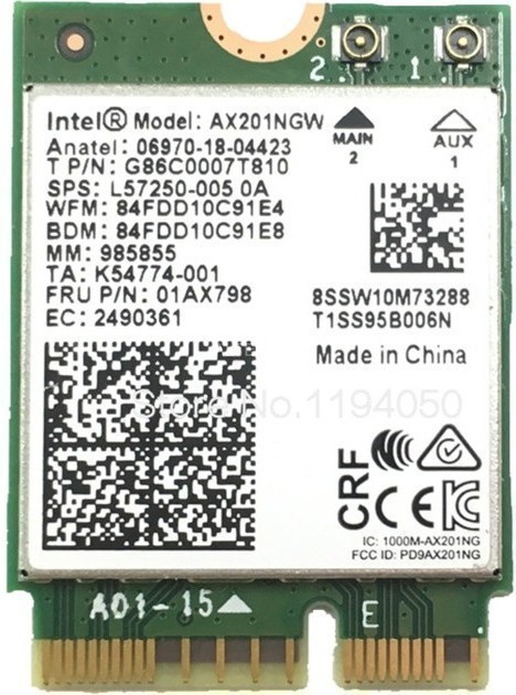 Адаптер Bluetooth+Wi-Fi Intel, 802.11a/b/g/n/ac/ax, 2.4 / 5 ГГц, M.2 (AX201.NGWG)