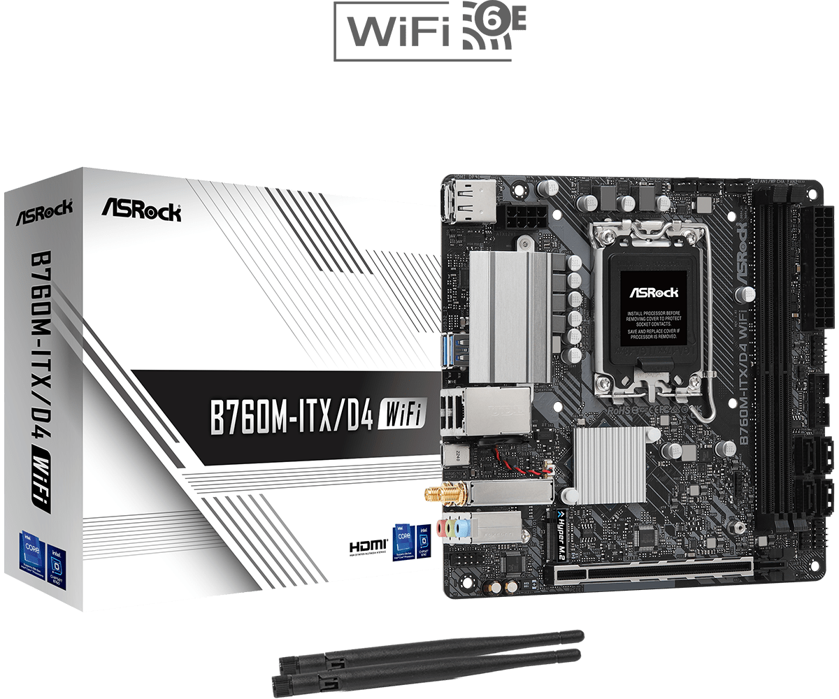 

Материнская плата ASRock B760M-ITX/D4 WiFi, Socket1700, Intel B760, 2xDDR4, PCI-Ex16, 4SATA3, 7.1-ch, GLAN, 4 USB 3.2, 1 USB Type-C, HDMI, DP, mini-ITX, Retail, B760M-ITX/D4 WiFi