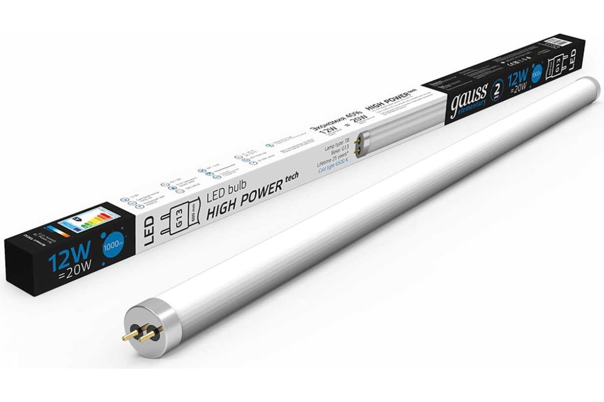 Лампа линейная светодиодная G13, T8, ⌀2.8 см x 60 см, 12 Вт, 1000лм, 6500 K/холодный, 80 Ra, gauss (93032)