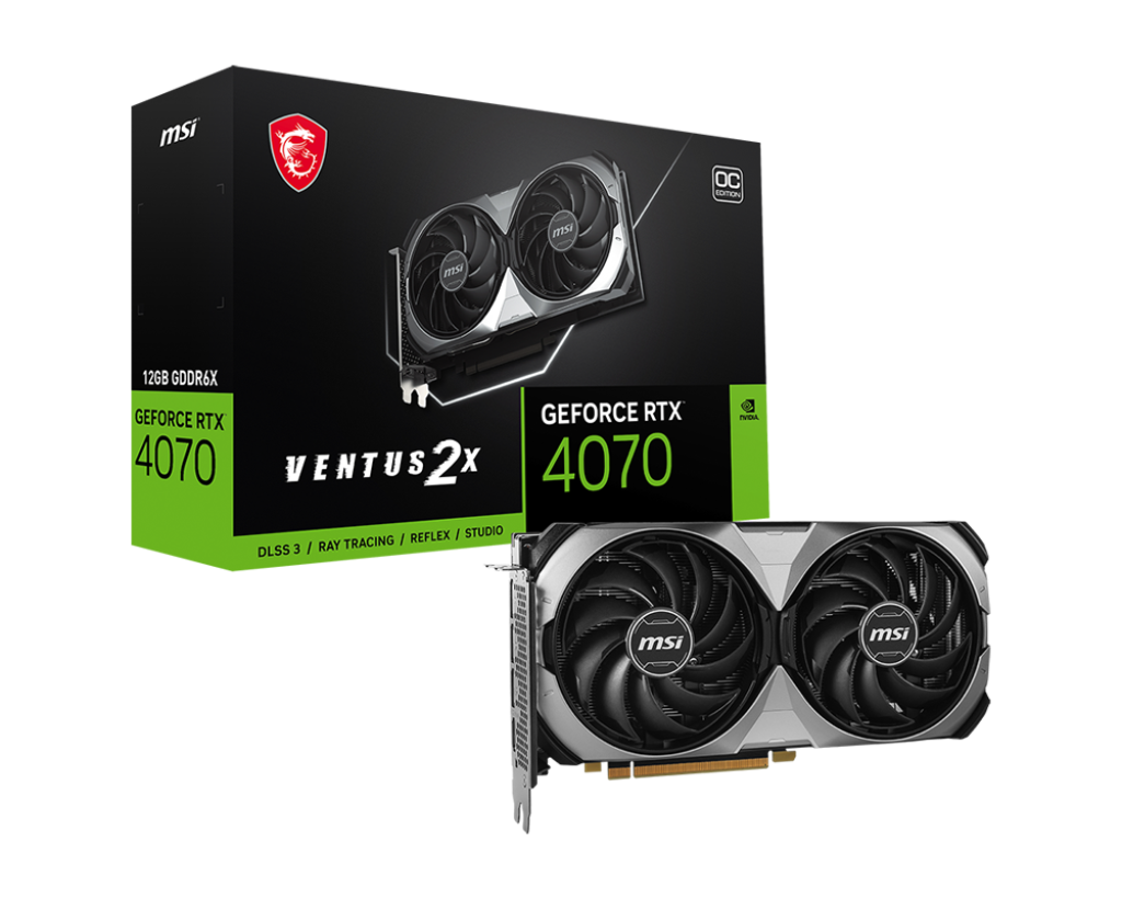 

Видеокарта MSI NVIDIA GeForce RTX 4070 VENTUS 2X E 12G OC, 12Gb GDDR6X, 192 бит, PCI-E, HDMI, 3DP, Retail (RTX 4070 VENTUS 2X E 12G OC), VENTUS 2X E 12G OC