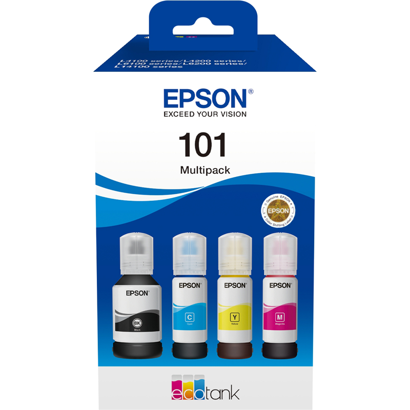 Чернила Epson L101, 4 шт., голубой/пурпурный/желтый/черный, оригинальные для Epson L4150/4160/L6160/L6170/L6190 (C13T03V64A)