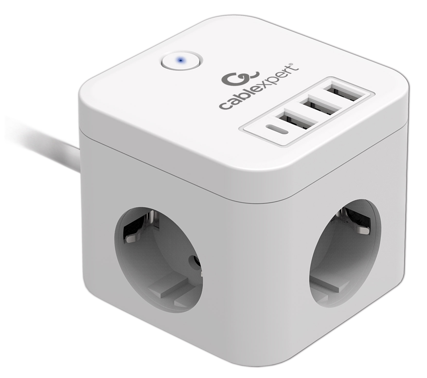 Сетевой фильтр Cablexpert Cube, 3-розетки, 3xUSB, 1xUSB Type-C, 1.5 м, белый (CUBE-3-CU3-W-1.5)