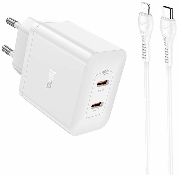 

Сетевое зарядное устройство Hoco N35 45 Вт, 2xUSB type-C, PD, 3А, белый (6931474797223), кабель Lightning, N35