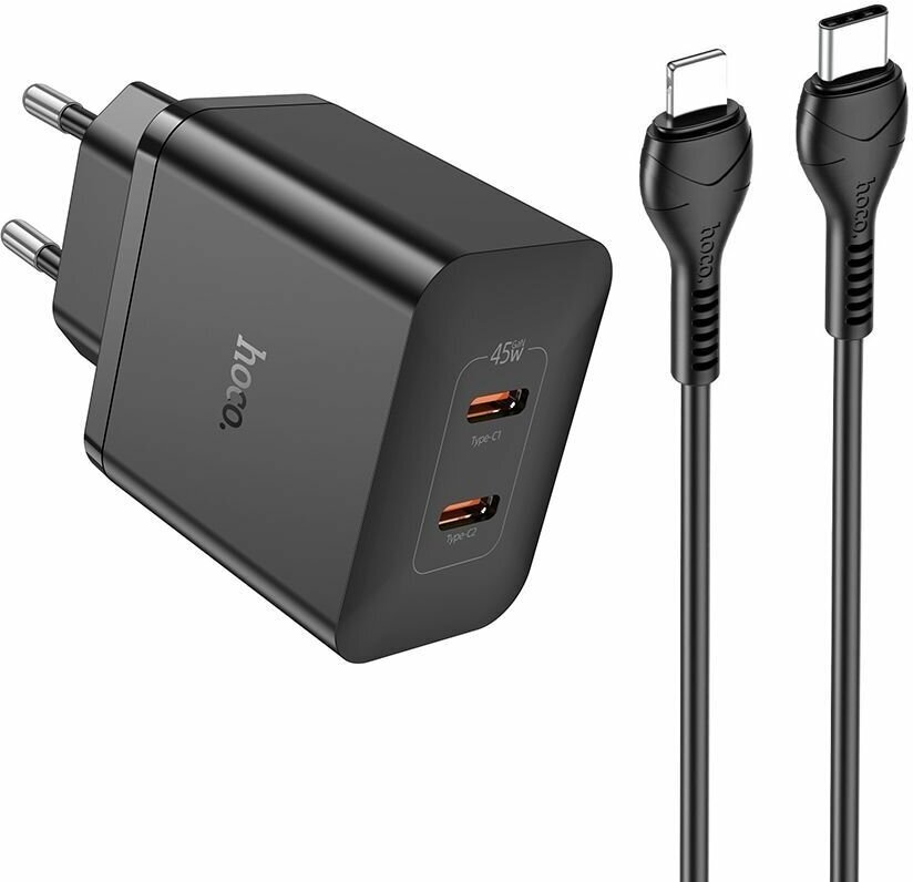 

Сетевое зарядное устройство Hoco N35 45 Вт, 2xUSB type-C, PD, 3А, черный (6931474797216), кабель Lightning, N35
