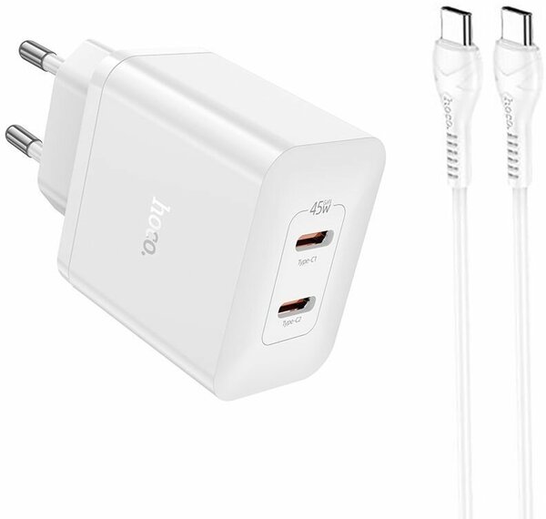 

Сетевое зарядное устройство Hoco N35 45 Вт, 2xUSB type-C, PD, 3А, белый (6931474797247), кабель USB Type C, N35