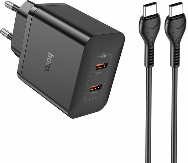 

Сетевое зарядное устройство Hoco N35 45 Вт, 2xUSB type-C, PD, 3А, черный (6931474797230), кабель USB Type C, N35