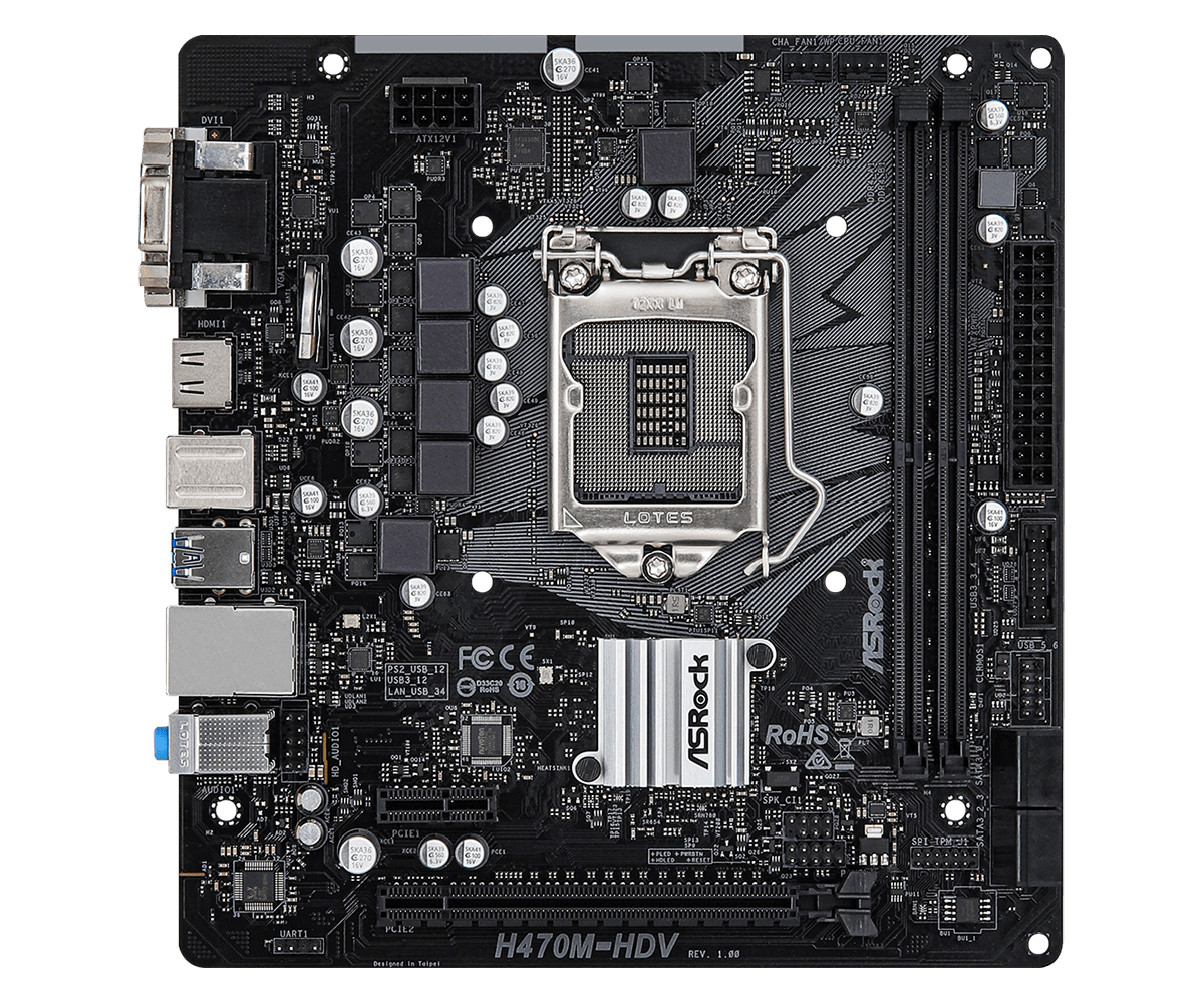 Материнская плата ASRock H470M-HDV, Socket1200, Intel H470, 2xDDR4, PCI-Ex16, 4SATA3, 7.1-ch, GLAN, 4 USB 3.2, VGA, DVI, HDMI, mATX, Bulk