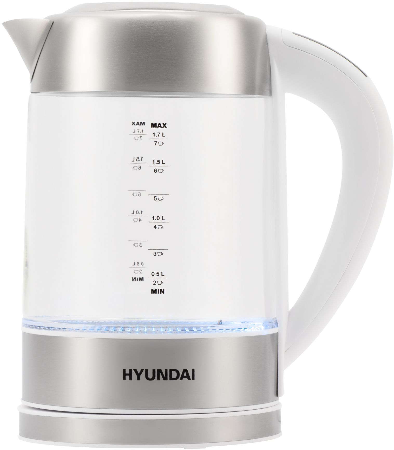 

Чайник электрический Hyundai HYK-S5807 1.7л. 2.2 кВт, нержавеющая сталь/стекло, белый/серебристый, HYK-S5807