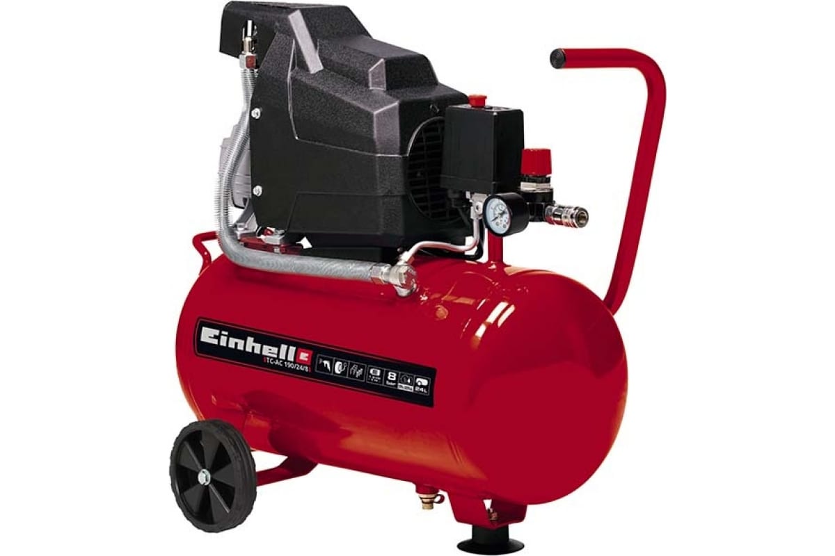 Компрессор воздушный Einhell Classic TC-AC 190/24/8 Kit, 1.5 кВт, 7.9 атм, 165л/мин, 220В, 24 л, масляный, электрический, поршневой, коаксиальный (прямой), набор пневмоинструментов (4007339)