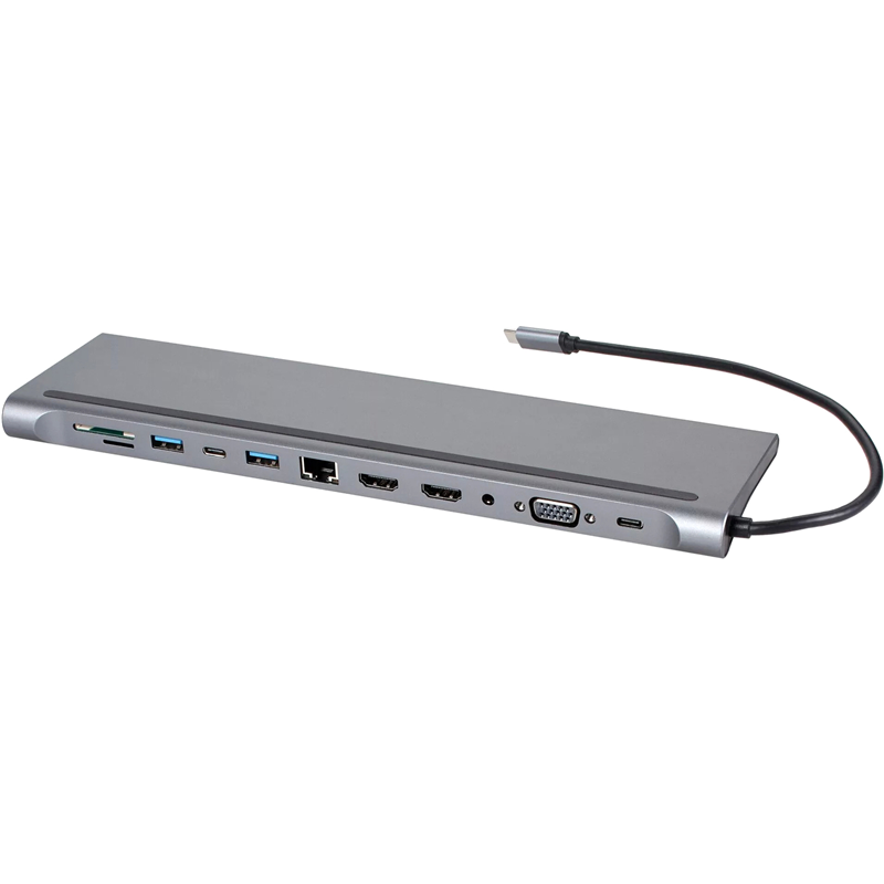 Док-станция VCOM ACU4700, 2USB3.0, USB2.0, RJ45(100mbs), 2HDMI, VGA, PD, TypeC, TF, SD, audio, серый (ACU4700) б/у, незначительные следы эксплуатации