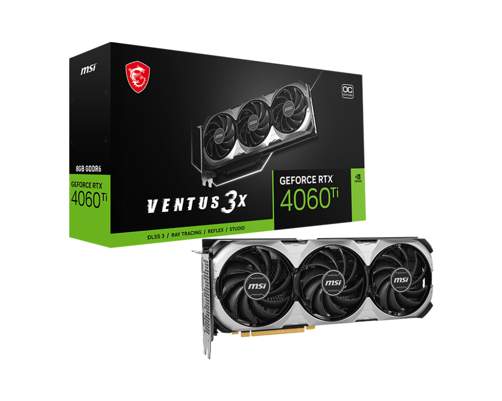 

Видеокарта MSI NVIDIA GeForce RTX 4060Ti VENTUS 3X, 8Gb GDDR6, 128 бит, PCI-E, HDMI, 3DP, Retail (4060 TI VENTUS 3X E 8G OC), VENTUS 3X