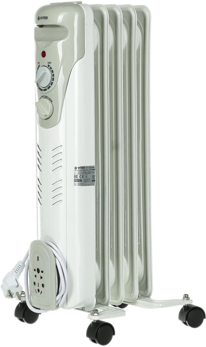 

Обогреватель масляный 1 кВт, до 10 м², секций: 5, термостат, регулировка температуры, механическое управление, напольный, белый, Vitek VT-1707 (1707-VT-02), VT-1707
