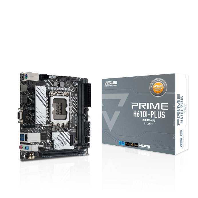 

Материнская плата ASUS PRIME H610I-PLUS-CSM, Socket1700, Intel H610, 2xDDR5 DIMM, PCI-Ex16, 4SATA3, 7.1-ch, GLAN, 4 USB 3.2, VGA, HDMI, DP, mini-ITX, Retail, PRIME H610I-PLUS-CSM