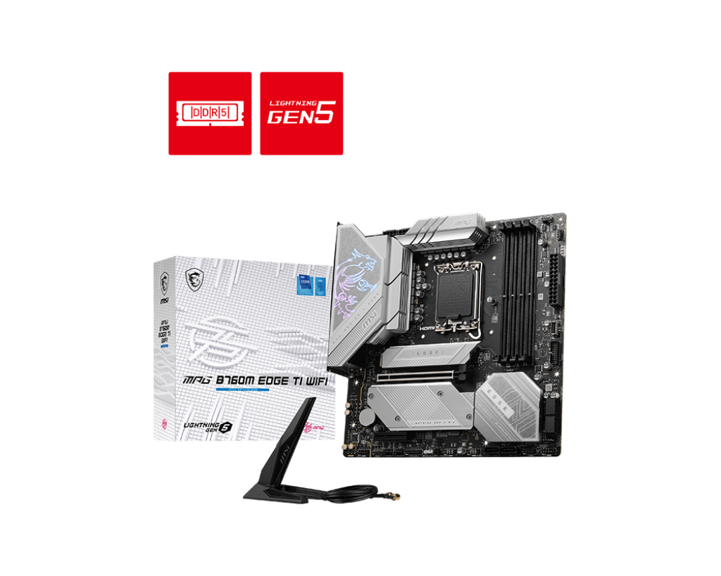 

Материнская плата MSI MPG B760M EDGE TI WIFI, Socket1700, Intel B760, 4xDDR5 DIMM, PCI-Ex16, 6SATA3, 7.1-ch, 2.5GLAN, 5 USB 3.2, 2 USB Type-C, HDMI, DP, mATX, Retail, MPG B760M EDGE TI WIFI