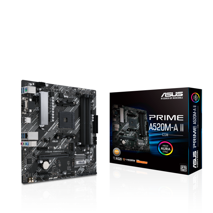 Материнская плата ASUS PRIME A520M-A II/CSM, SocketAM4, AMD A520, 4xDDR4, PCI-Ex16, 4SATA3, 7.1-ch, GLAN, 6 USB 3.2, VGA, HDMI, DP, mATX, Retail
