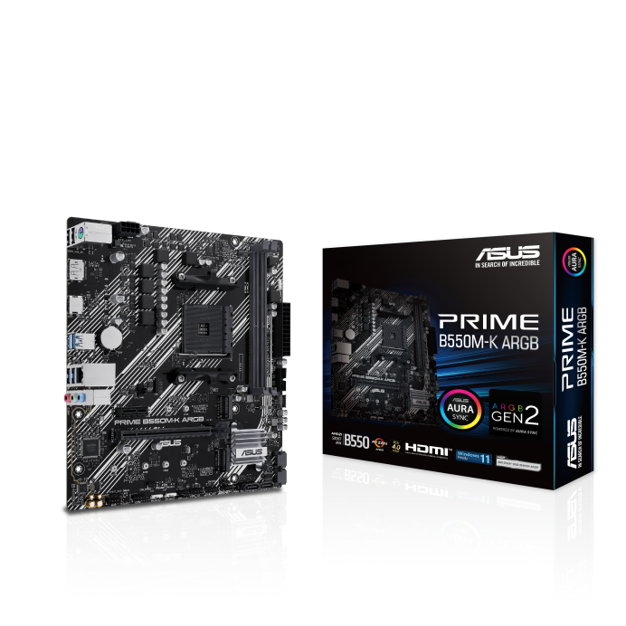 Материнская плата ASUS PRIME B550M-K ARGB, SocketAM4, AMD B550, 2xDDR4, PCI-Ex16, 4SATA3, 7.1-ch, GLAN, 6 USB 3.2, 1 USB Type-C, HDMI, DP, mATX, Retail