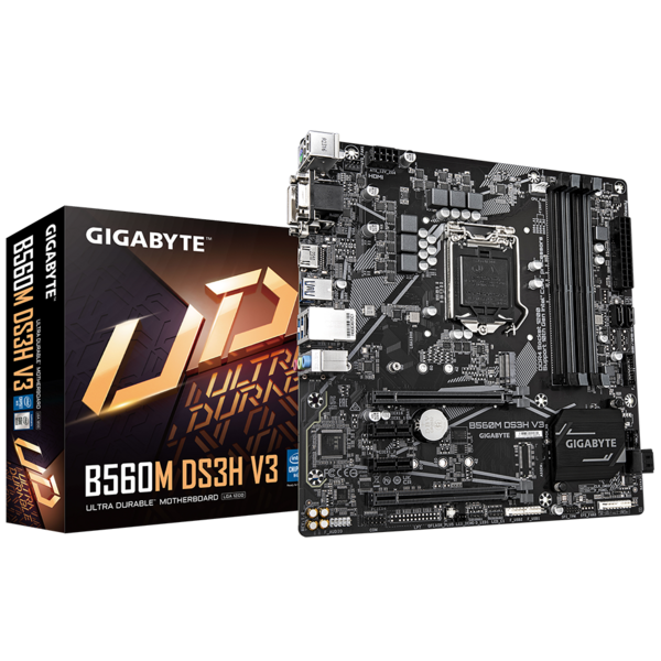 Материнская плата GIGABYTE B560M DS3H V3, Socket1200, Intel B560, 4xDDR4, 2PCI-Ex16, 4SATA3, 7.1-ch, GLAN, 5 USB 3.2, VGA, DVI, HDMI, mATX, Retail