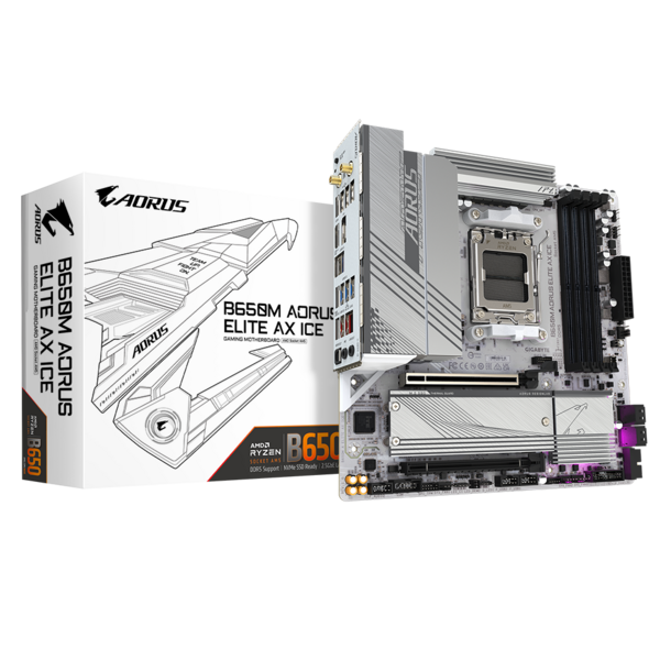 Материнская плата GIGABYTE B650M AORUS ELITE AX ICE, AM5, AMD B650, 4xDDR5 DIMM, 2PCI-Ex16, 4SATA3, 7.1-ch, 2.5GLAN, 9 USB 3.2, 2 USB Type-C, HDMI, DP, mATX, Retail