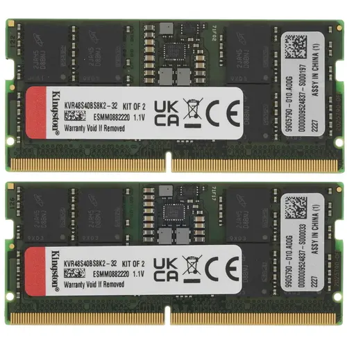 

Комплект памяти DDR5 SODIMM 32Gb (2x16Gb), 4800MHz, CL40, 1.1V, Kingston (KVR48S40BS8K2-32) Retail, KVR48S40BS8K2-32