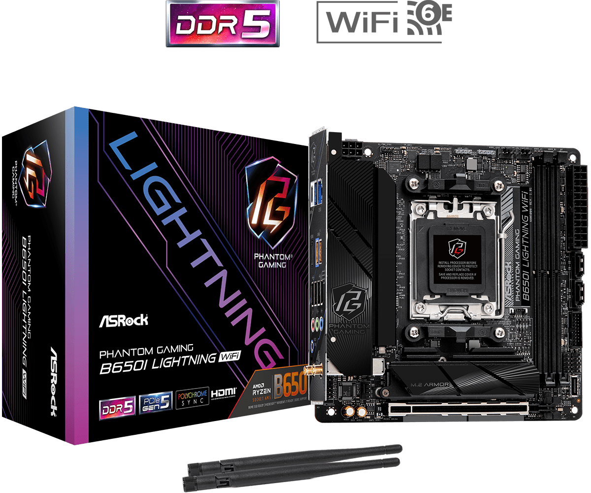 

Материнская плата ASRock B650I LIGHTNING WIFI, AM5, AMD B650, 2xDDR5 DIMM, PCI-Ex16, 2SATA3, 7.1-ch, 2.5GLAN, 5 USB 3.2, 2 USB Type-C, HDMI, mini-ITX, Retail, B650I LIGHTNING WIFI