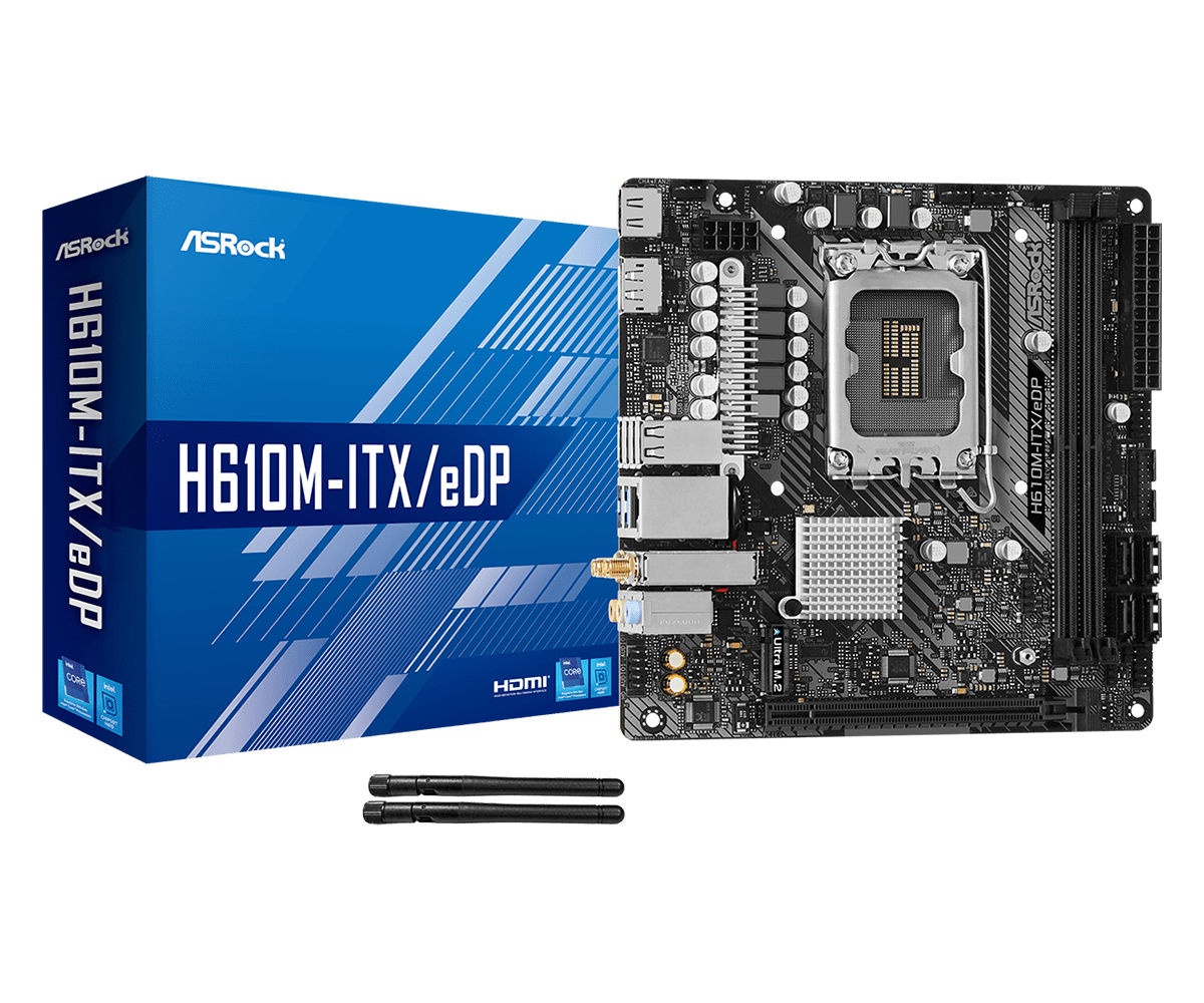 

Материнская плата ASRock H610M-ITX/eDP, Socket1700, Intel H610, 2xDDR4, PCI-Ex16, 4SATA3, 7.1-ch, GLAN, 4 USB 3.2, HDMI, DP, mini-ITX, Retail, H610M-ITX/eDP