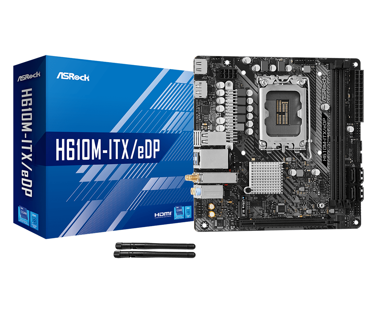 Материнская плата ASRock H610M-ITX/eDP, Socket1700, Intel H610, 2xDDR4, PCI-Ex16, 4SATA3, 7.1-ch, GLAN, 4 USB 3.2, HDMI, DP, mini-ITX, Retail