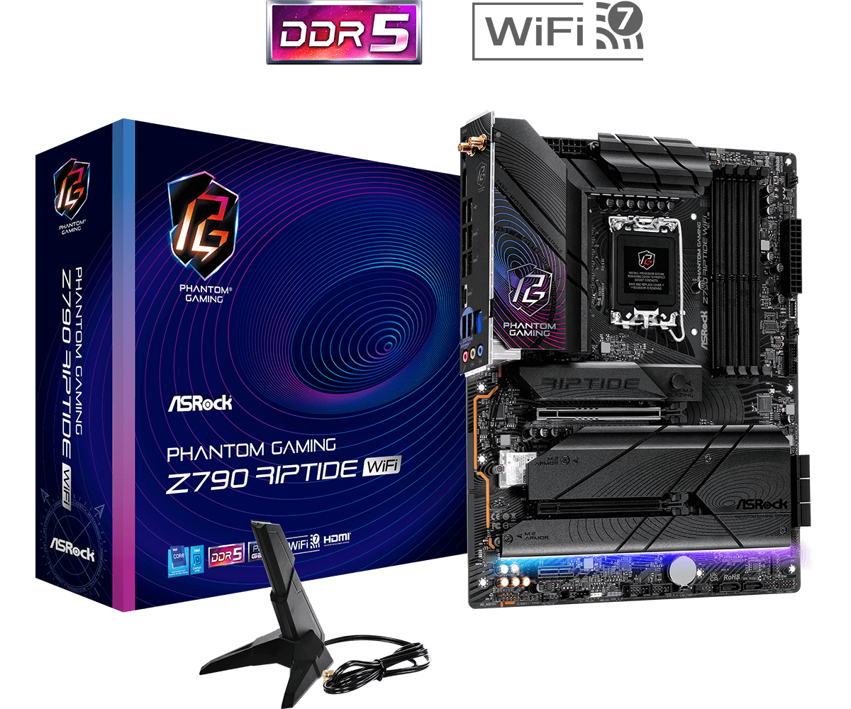 

Материнская плата ASRock Z790 RIPTIDE WIFI, Socket1700, Intel Z790, 4xDDR5 DIMM, 2PCI-Ex16, 8SATA3, 7.1-ch, 2.5GLAN, 8 USB 3.2, 2 USB Type-C, HDMI, DP, ATX, Retail, Z790 RIPTIDE WIFI