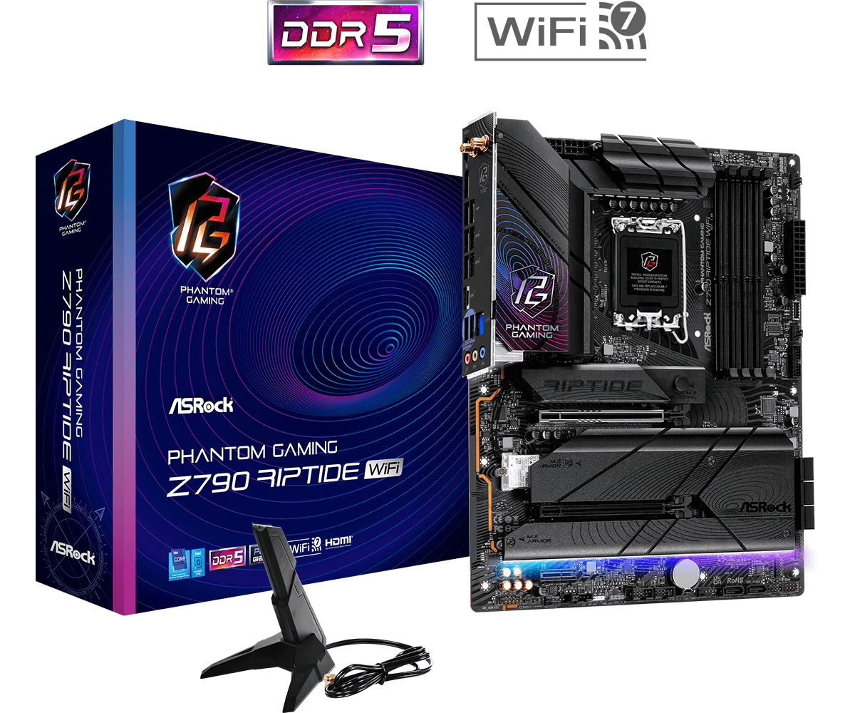 Материнская плата ASRock Z790 RIPTIDE WIFI, Socket1700, Intel Z790, 4xDDR5 DIMM, 2PCI-Ex16, 8SATA3, 7.1-ch, 2.5GLAN, 8 USB 3.2, 2 USB Type-C, HDMI, DP, ATX, Retail