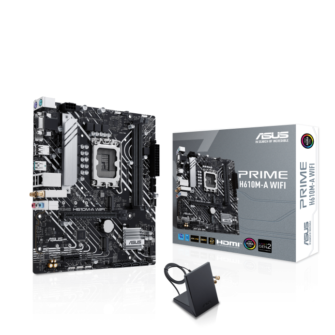 

Материнская плата ASUS PRIME H610M-A WIFI, Socket1700, Intel H610, 2xDDR5 DIMM, PCI-Ex16, 4SATA3, 7.1-ch, GLAN, 3 USB 3.2, VGA, HDMI, DP, mATX, Retail, PRIME H610M-A WIFI